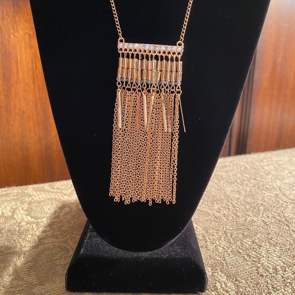 Fringe Gold Rhinestone Statement Necklace - Picture 3 of 7